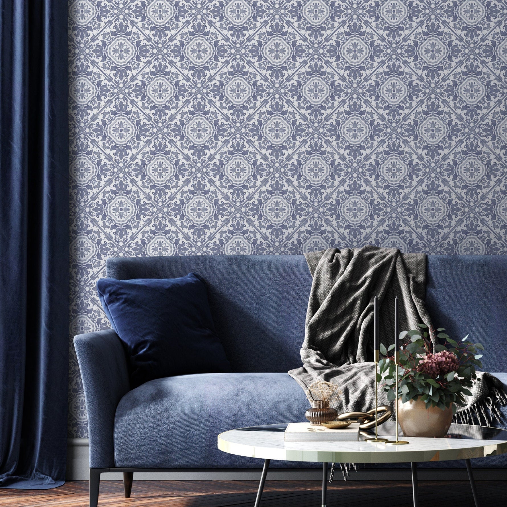 Wallpaper Peel and Stick Wallpaper Removable Wallpaper Home Decor Wall Art Wall Decor Room Decor / Blue Vintage Tile Wallpaper - A110