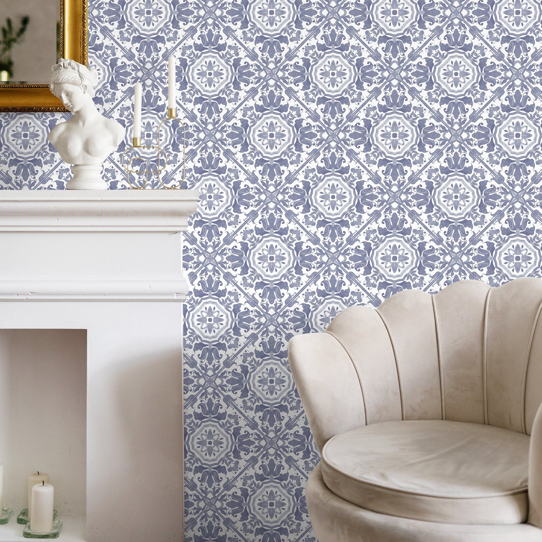 Wallpaper Peel and Stick Wallpaper Removable Wallpaper Home Decor Wall Art Wall Decor Room Decor / Blue Vintage Tile Wallpaper - A110