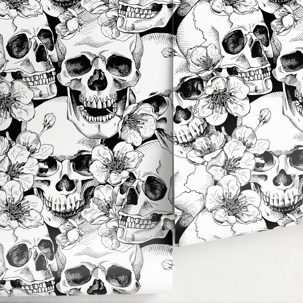 Wallpaper Removable Wallpaper Peel and Stick Wallpaper Wall Decor Home Decor Wall Art Room Decor / Black Skulls and Floral Wallpaper - A112