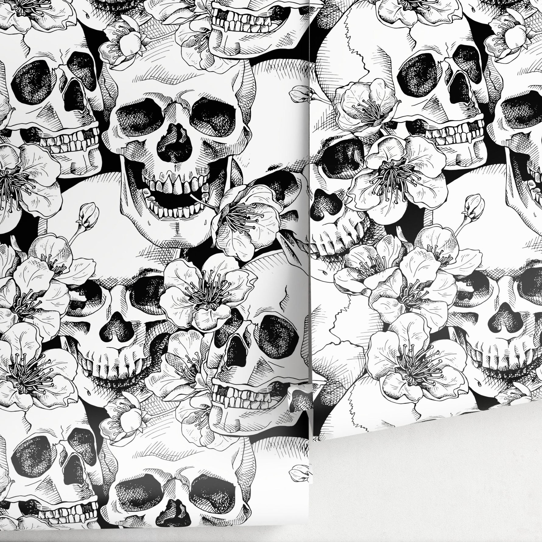 Wallpaper Removable Wallpaper Peel and Stick Wallpaper Wall Decor Home Decor Wall Art Room Decor / Black Skulls and Floral Wallpaper - A112