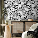 Wallpaper Removable Wallpaper Peel and Stick Wallpaper Wall Decor Home Decor Wall Art Room Decor / Black Skulls and Floral Wallpaper - A112
