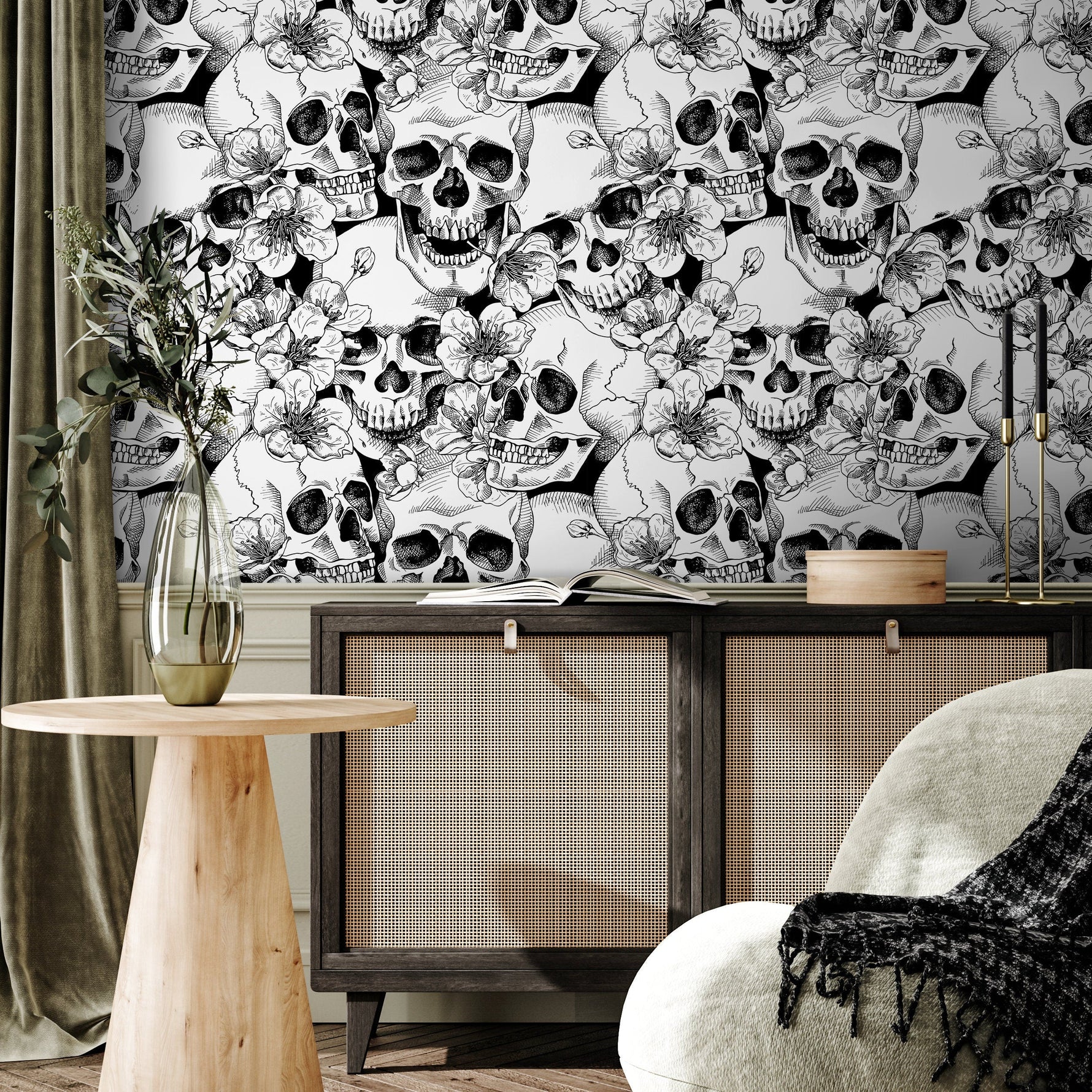Wallpaper Removable Wallpaper Peel and Stick Wallpaper Wall Decor Home Decor Wall Art Room Decor / Black Skulls and Floral Wallpaper - A112