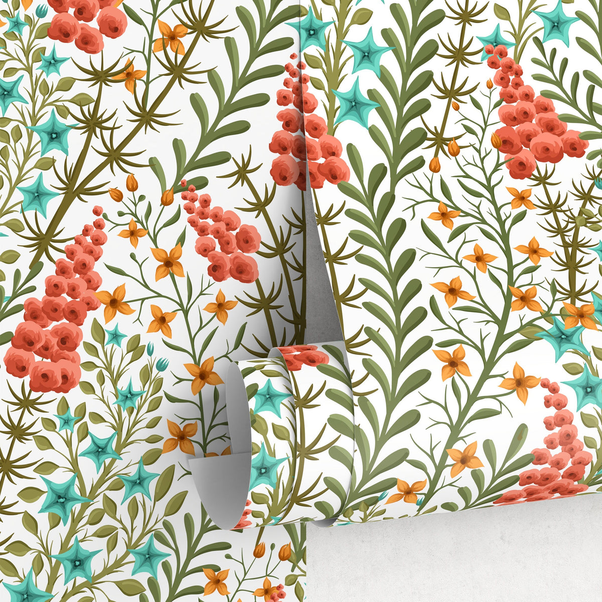 Wallpaper Peel and Stick Wallpaper Removable Wallpaper Home Decor Wall Art Wall Decor Room Decor / Red and Green Floral Wallpaper - A127
