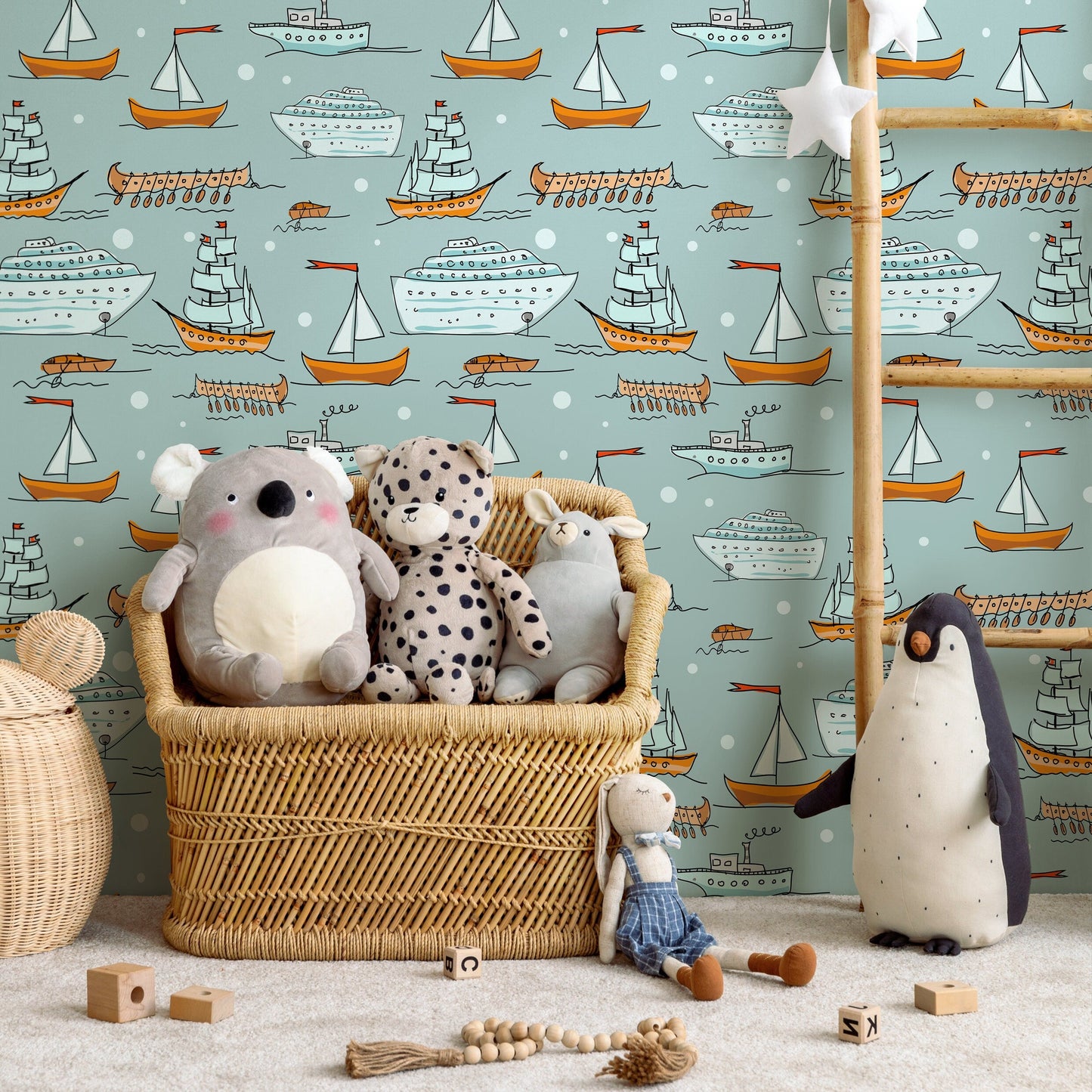 Wallpaper Peel and Stick Wallpaper Removable Wallpaper Home Decor Wall Art Wall Decor Room Decor / Cute Nautical Kids Wallpaper - A166