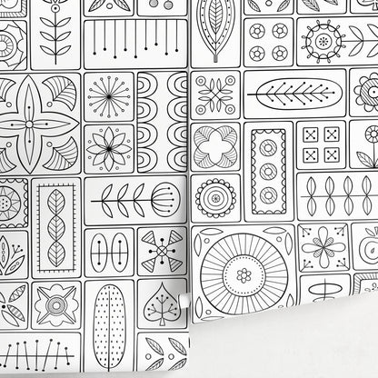 Wallpaper Peel and Stick Wallpaper Removable Wallpaper Home Room Decor / Black and White Wallpaper Geometric Tile Wallpaper - A236