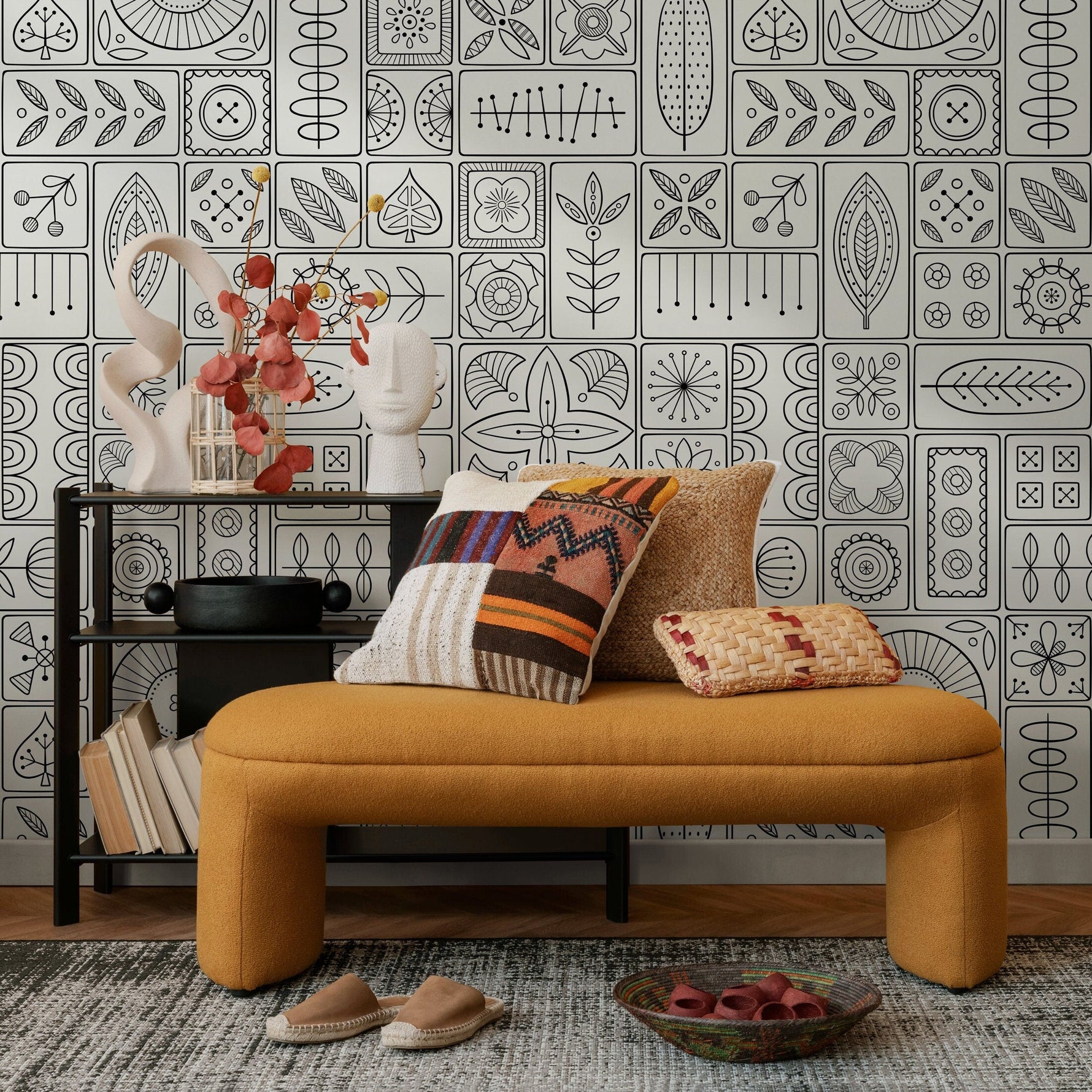Wallpaper Peel and Stick Wallpaper Removable Wallpaper Home Room Decor / Black and White Wallpaper Geometric Tile Wallpaper - A236