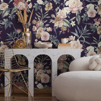 Wallpaper Peel and Stick Wallpaper Removable Wallpaper Temporary Wallpaper Home Decor Room Decor / Dark Floral Roses Wallpaper - A237