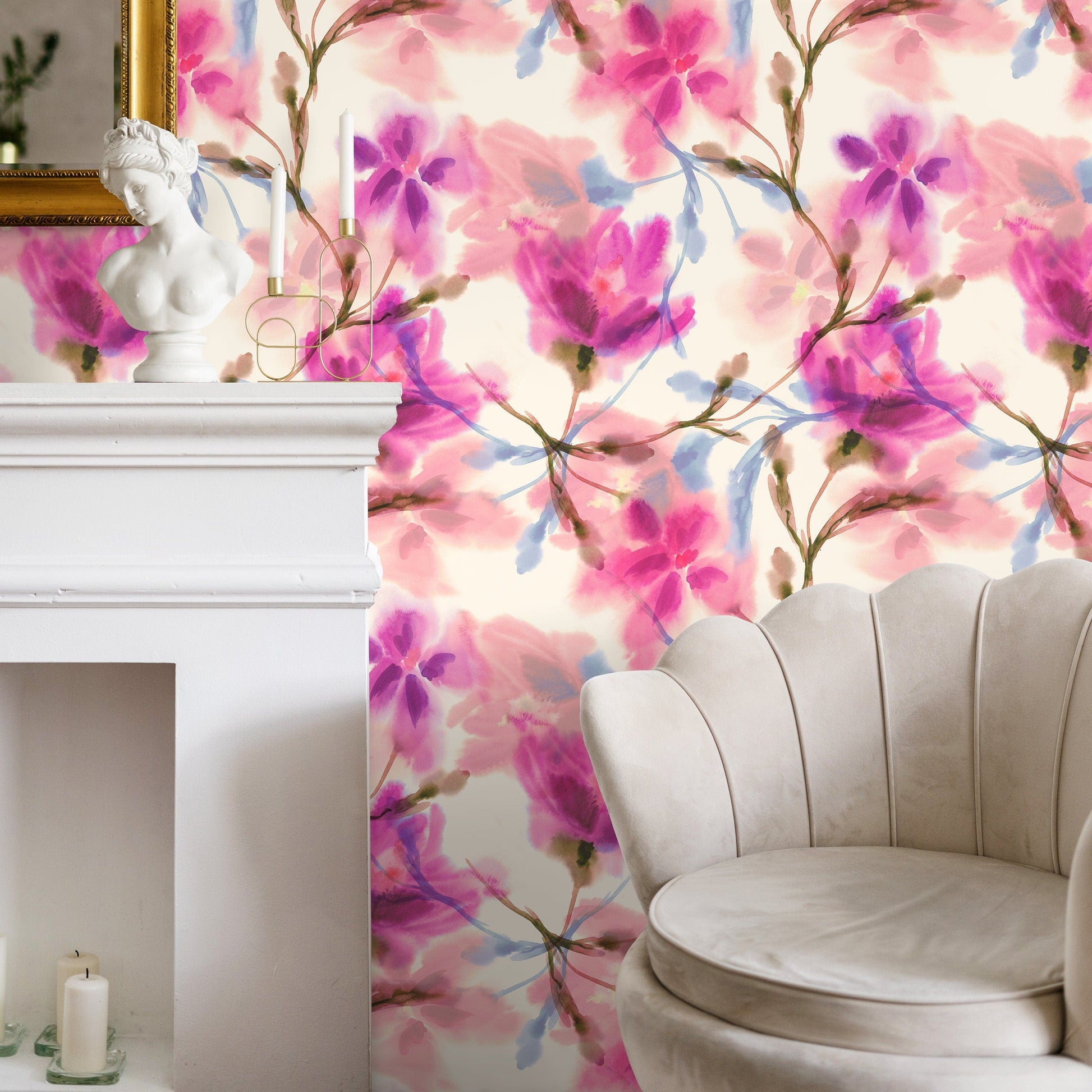 Wallpaper Peel and Stick Wallpaper Removable Wallpaper Home Decor Wall Art Wall Decor Room Decor / Pink Floral Watercolor Wallpaper - A030