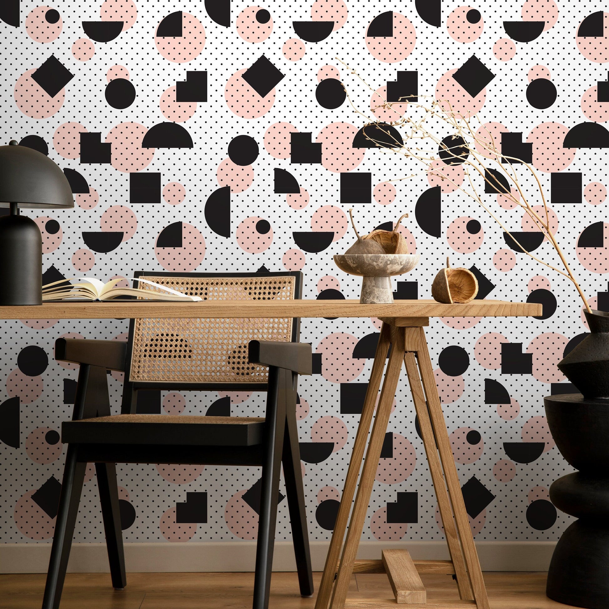 Wallpaper Peel and Stick Wallpaper Removable Wallpaper Home Decor Wall Art Wall Decor Room Decor / Black and Pink Geometric Wallpaper - A075