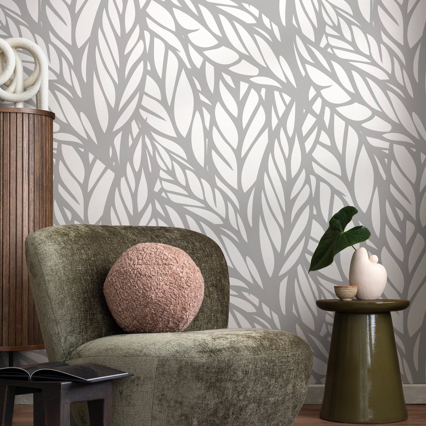 Wallpaper Peel and Stick Wallpaper Removable Wallpaper Home Decor Wall Art Wall Decor Room Decor / Gray Modern Leaves Wallpaper - A097