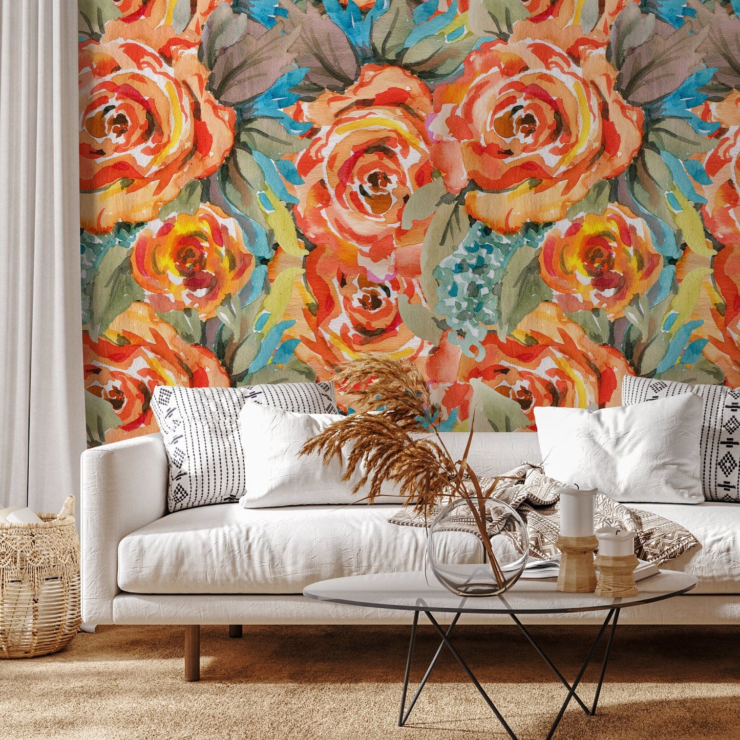 Wallpaper Peel and Stick Wallpaper Removable Wallpaper Home Decor Wall Art Wall Decor Room Decor / Orange Roses Watercolor Wallpaper - A103