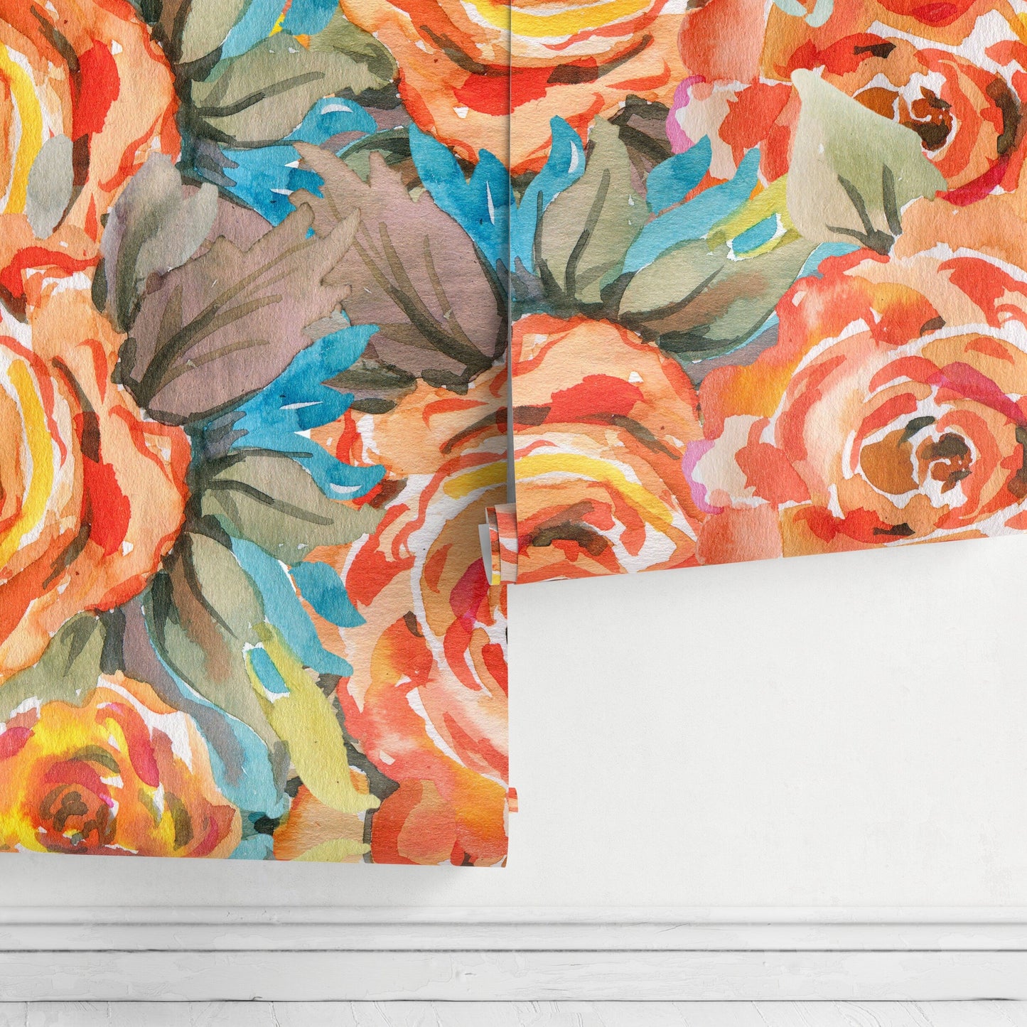 Wallpaper Peel and Stick Wallpaper Removable Wallpaper Home Decor Wall Art Wall Decor Room Decor / Orange Roses Watercolor Wallpaper - A103