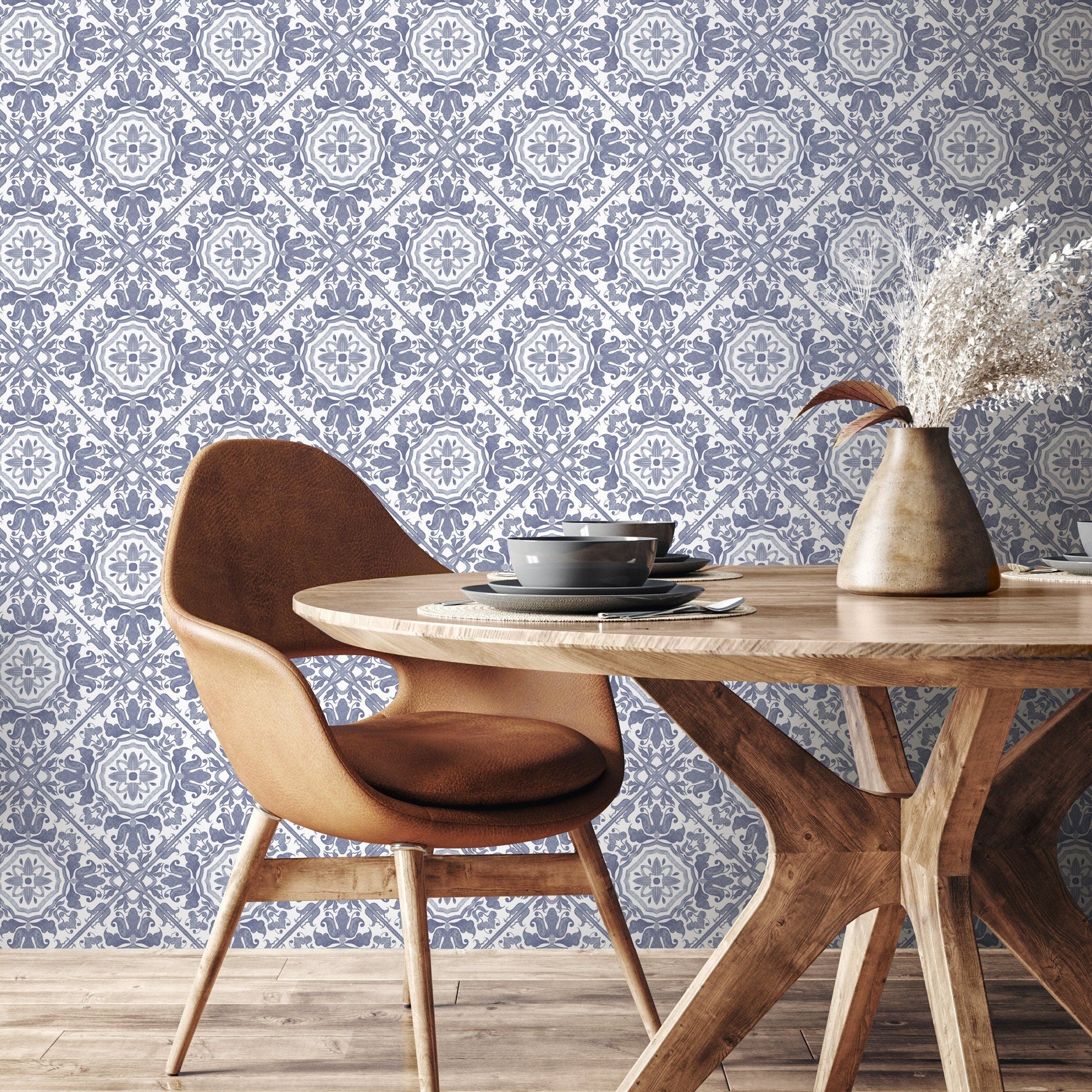 Wallpaper Peel and Stick Wallpaper Removable Wallpaper Home Decor Wall Art Wall Decor Room Decor / Blue Vintage Tile Wallpaper - A110