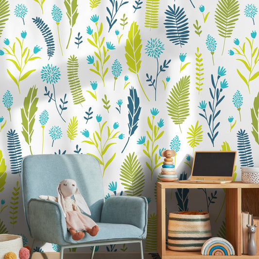 Wallpaper Removable Wallpaper Peel and Stick Wallpaper Wall Decor Home Decor Wall Art Room Decor / Green and Blue Leaf Wallpaper - A879