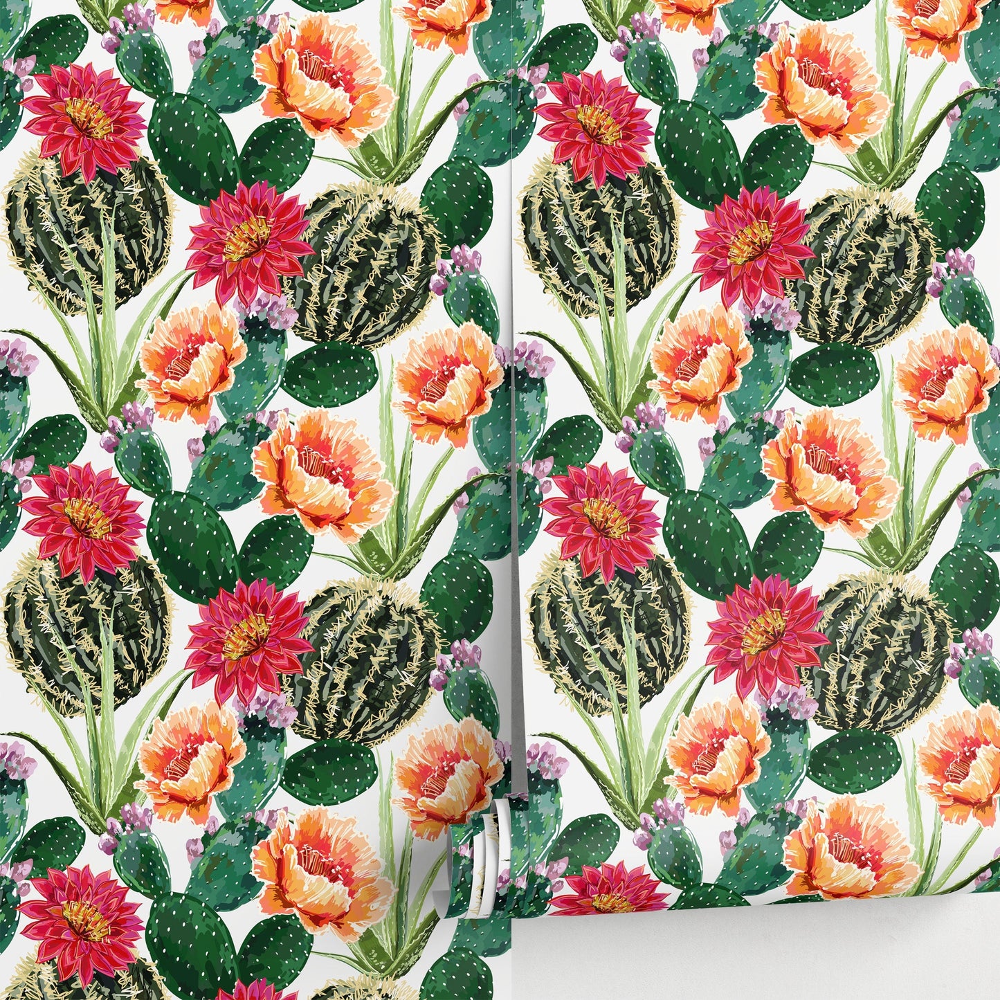 Wallpaper Peel and Stick Wallpaper Removable Wallpaper Home Decor Wall Art Wall Decor Room Decor / Cactus and Flower Wallpaper - A911