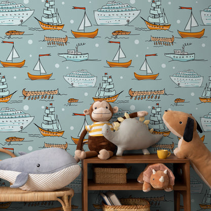 Wallpaper Peel and Stick Wallpaper Removable Wallpaper Home Decor Wall Art Wall Decor Room Decor / Cute Nautical Kids Wallpaper - A166