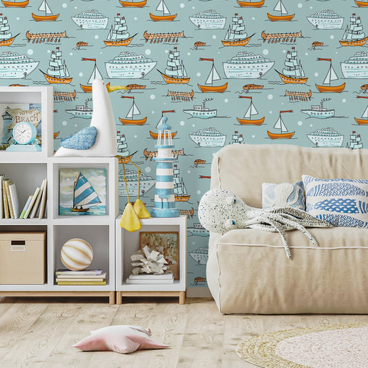 Wallpaper Peel and Stick Wallpaper Removable Wallpaper Home Decor Wall Art Wall Decor Room Decor / Cute Nautical Kids Wallpaper - A166