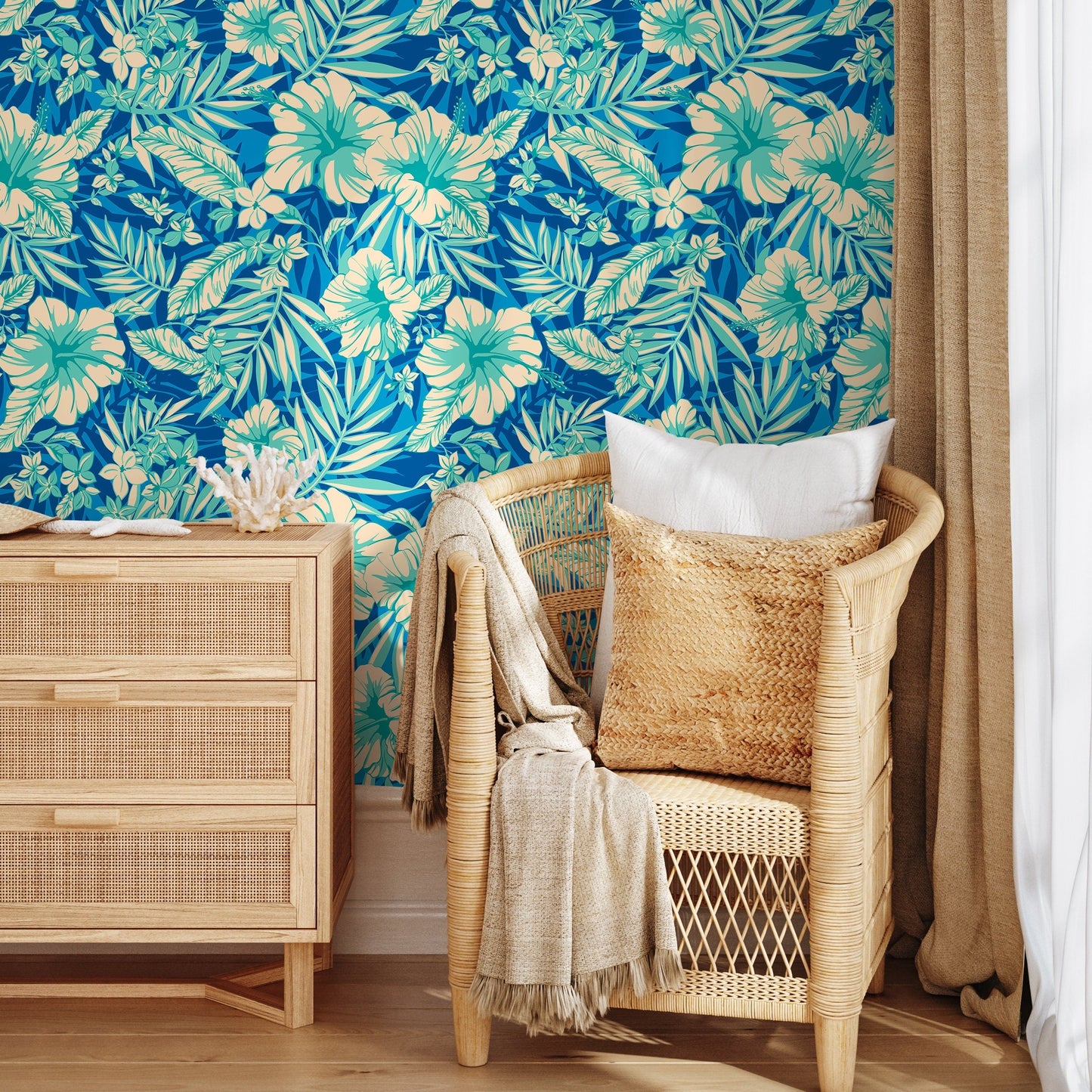 Wallpaper Peel and Stick Wallpaper Removable Wallpaper Home Decor Room Decor / Tropical Wallpaper, Blue Leaves Wallpaper - A971