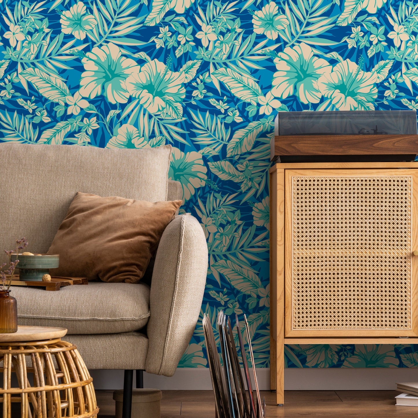 Wallpaper Peel and Stick Wallpaper Removable Wallpaper Home Decor Room Decor / Tropical Wallpaper, Blue Leaves Wallpaper - A971