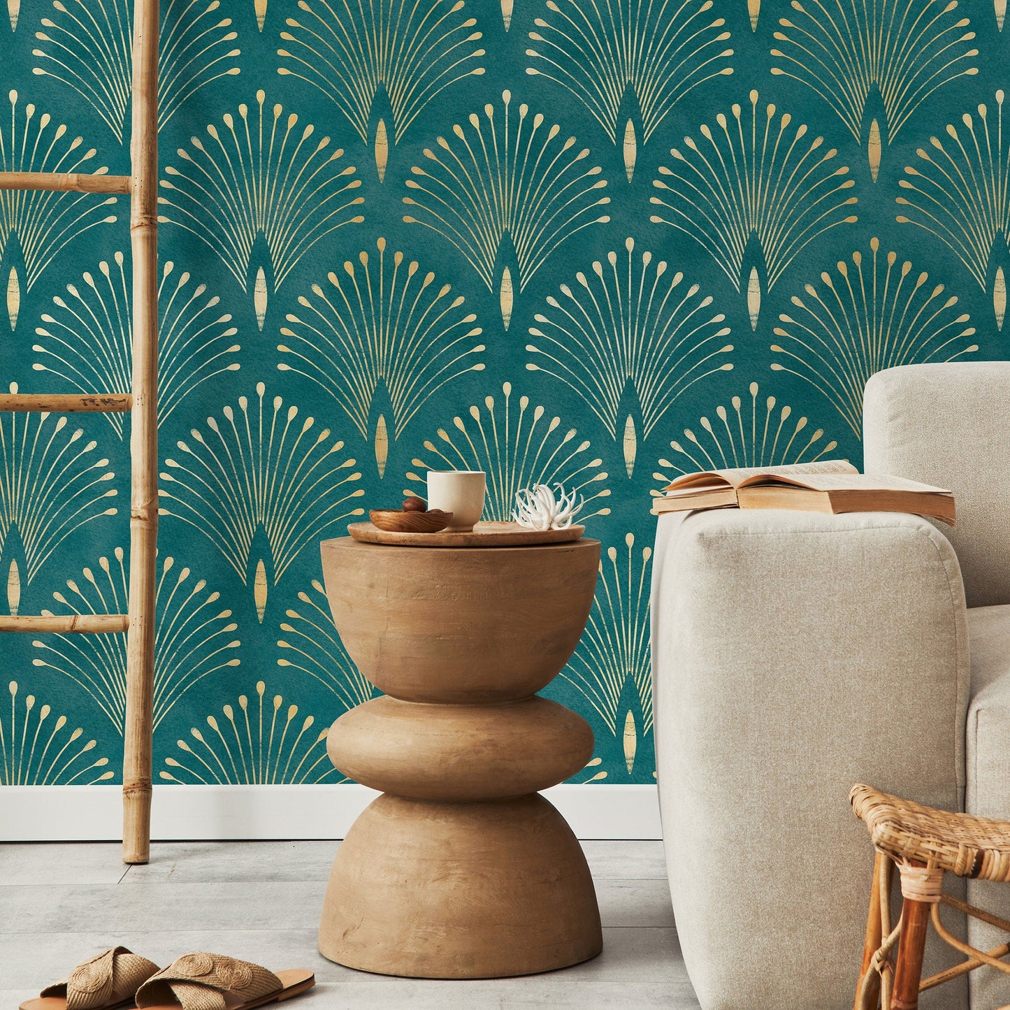 Gold and Teal Art Deco Palms Wallpaper Peel and Stick and Traditional Wallpaper Non-Metallic Wallpaper - C011