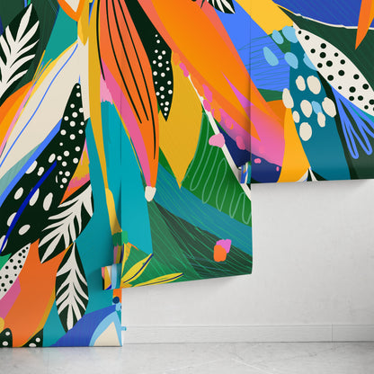 Abstract Tropical Leaf Mural Wallpaper Peel and Stick and Traditional Wallpaper - C346