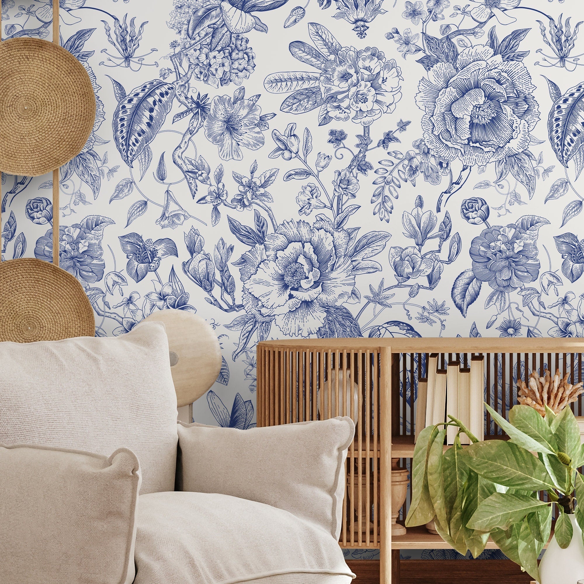 RESERVED - Scandinavian VINTAGE BLUE orders Floral - Small Pattern Wallpaper