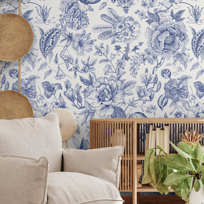 Blue Vintage Floral Wallpaper Peel and Stick and Traditional Wallpaper - C359