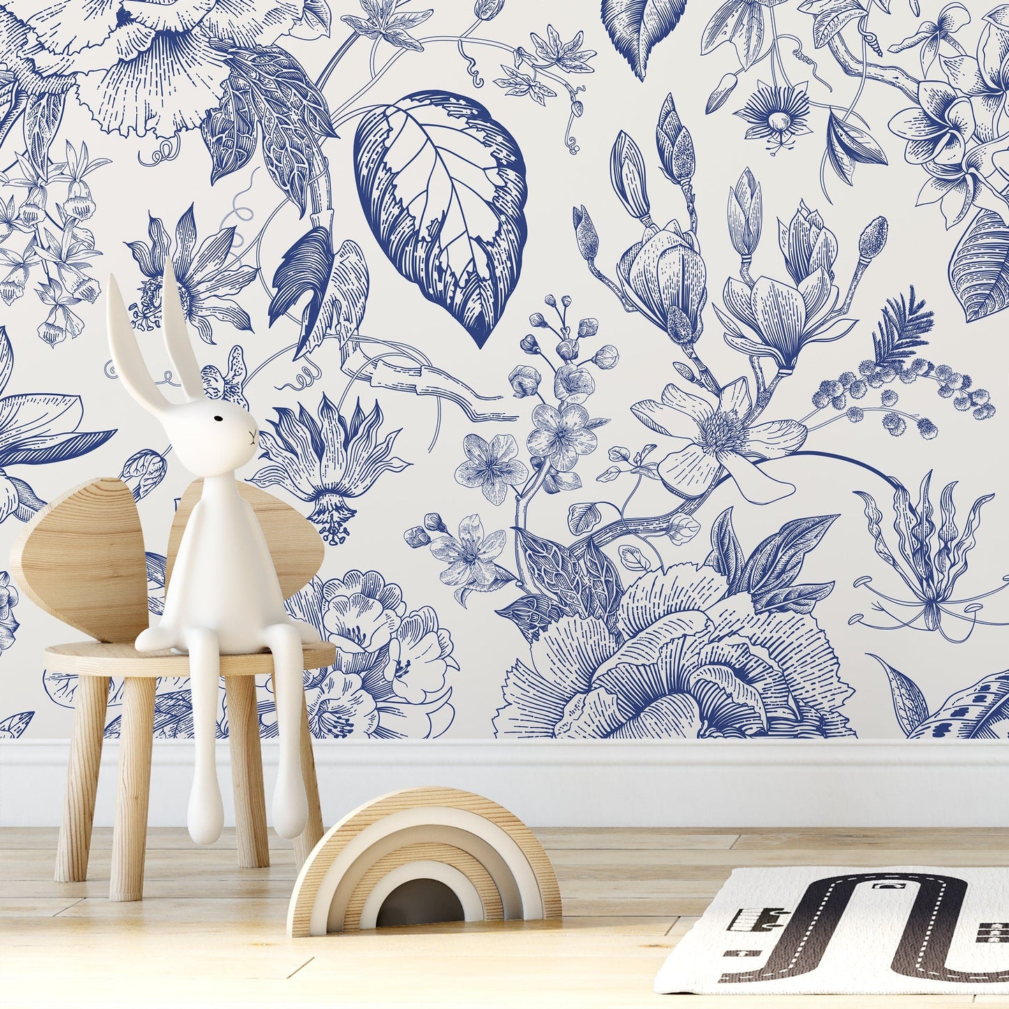 Blue Vintage Floral Wallpaper Peel and Stick and Traditional Wallpaper - C359