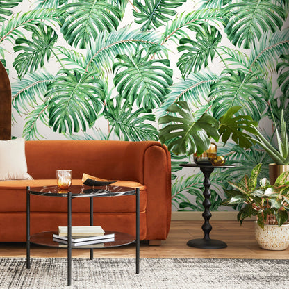 Wall Decor Wallpaper Peel and Stick Wallpaper Removable Wallpaper Home Decor Wall Art / Green Tropical Leaves Jungle Wallpaper - A013