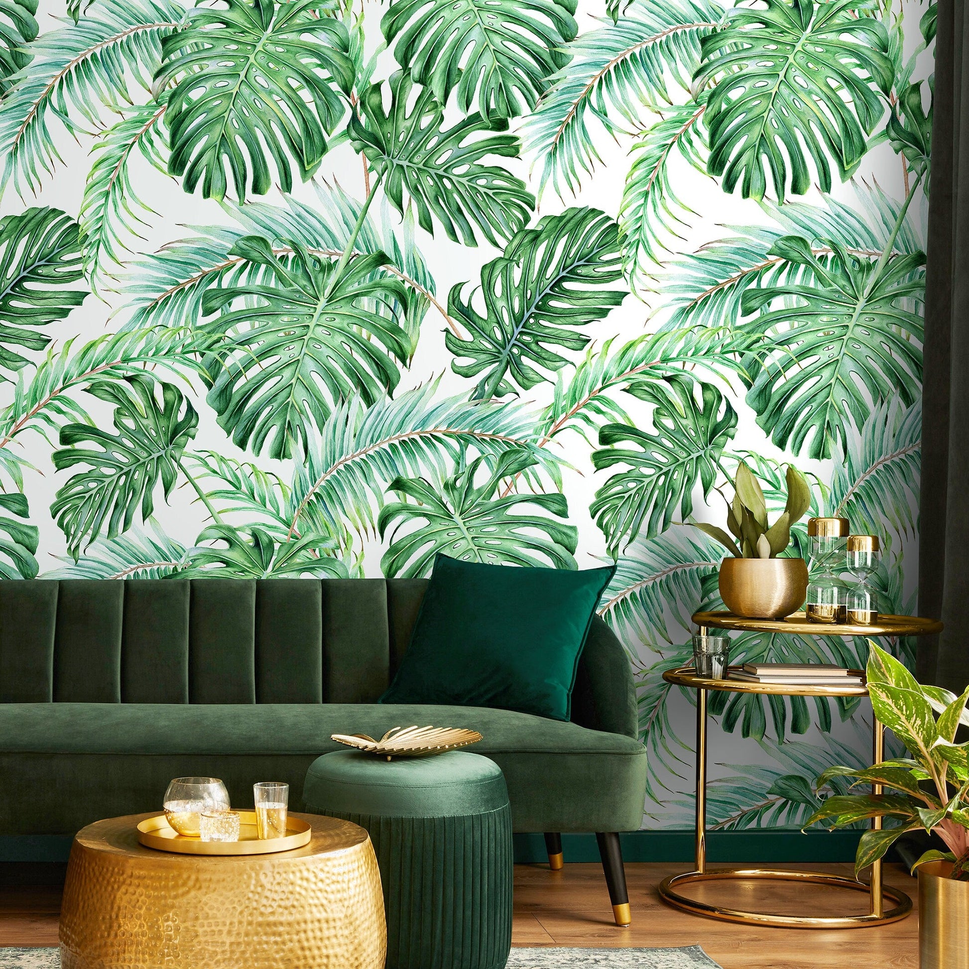 Wall Decor Wallpaper Peel and Stick Wallpaper Removable Wallpaper Home Decor Wall Art / Green Tropical Leaves Jungle Wallpaper - A013