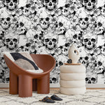 Wallpaper Removable Wallpaper Peel and Stick Wallpaper Wall Decor Home Decor Wall Art Room Decor / Black Skulls and Floral Wallpaper - A112