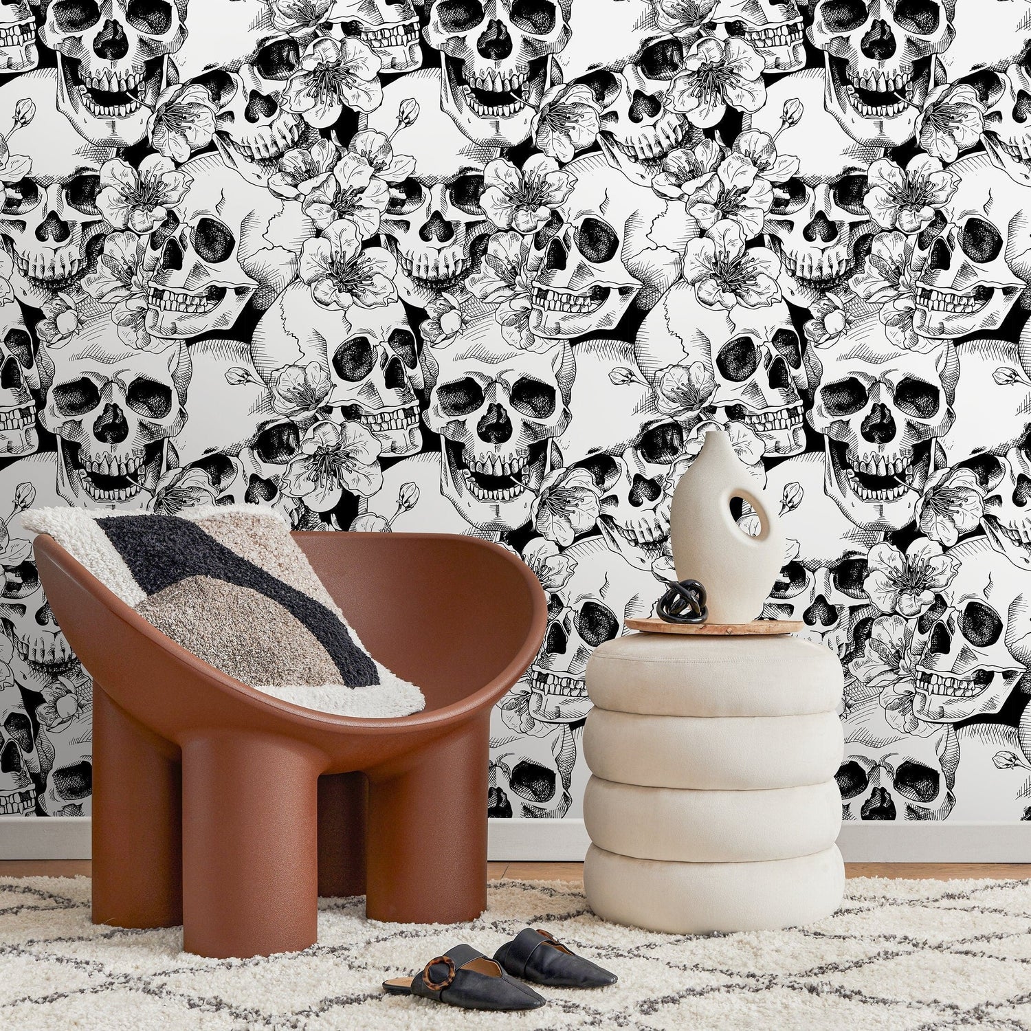 Wallpaper Removable Wallpaper Peel and Stick Wallpaper Wall Decor Home Decor Wall Art Room Decor / Black Skulls and Floral Wallpaper - A112