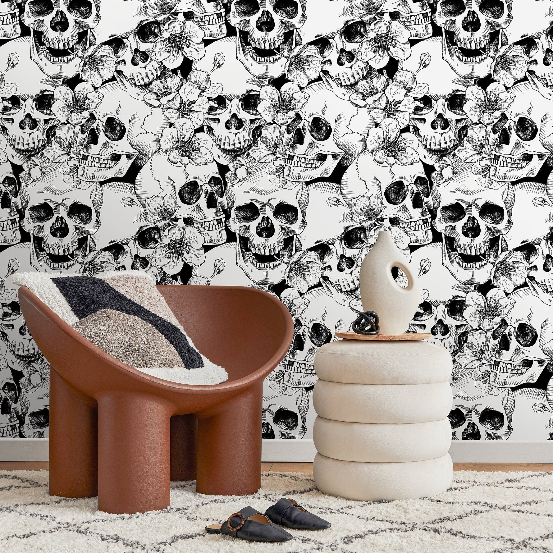 Wallpaper Removable Wallpaper Peel and Stick Wallpaper Wall Decor Home Decor Wall Art Room Decor / Black Skulls and Floral Wallpaper - A112