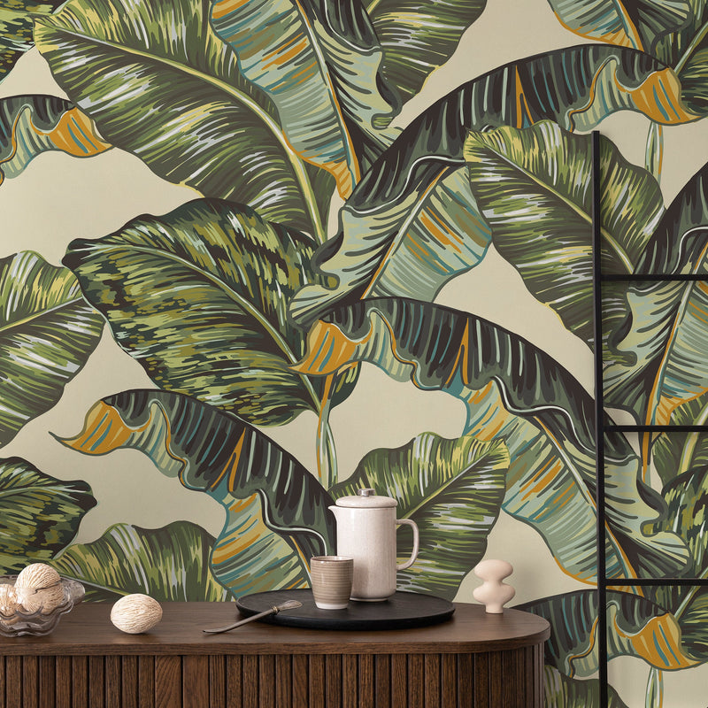 Tropical Wallpaper with Stylized Banana Leaves in Green, Yellow, and Blue - A218 0 $5.00 USD From $0.00 USD Unit price /