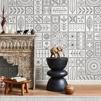 Wallpaper Peel and Stick Wallpaper Removable Wallpaper Home Room Decor / Black and White Wallpaper Geometric Tile Wallpaper - A236