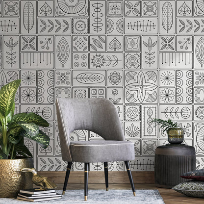 Wallpaper Peel and Stick Wallpaper Removable Wallpaper Home Room Decor / Black and White Wallpaper Geometric Tile Wallpaper - A236