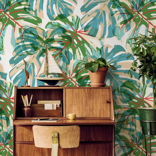 Removable Wallpaper Peel and Stick Wallpaper Wall Paper Wall Mural - Pop Art Monstera Tropical Wallpaper - B174