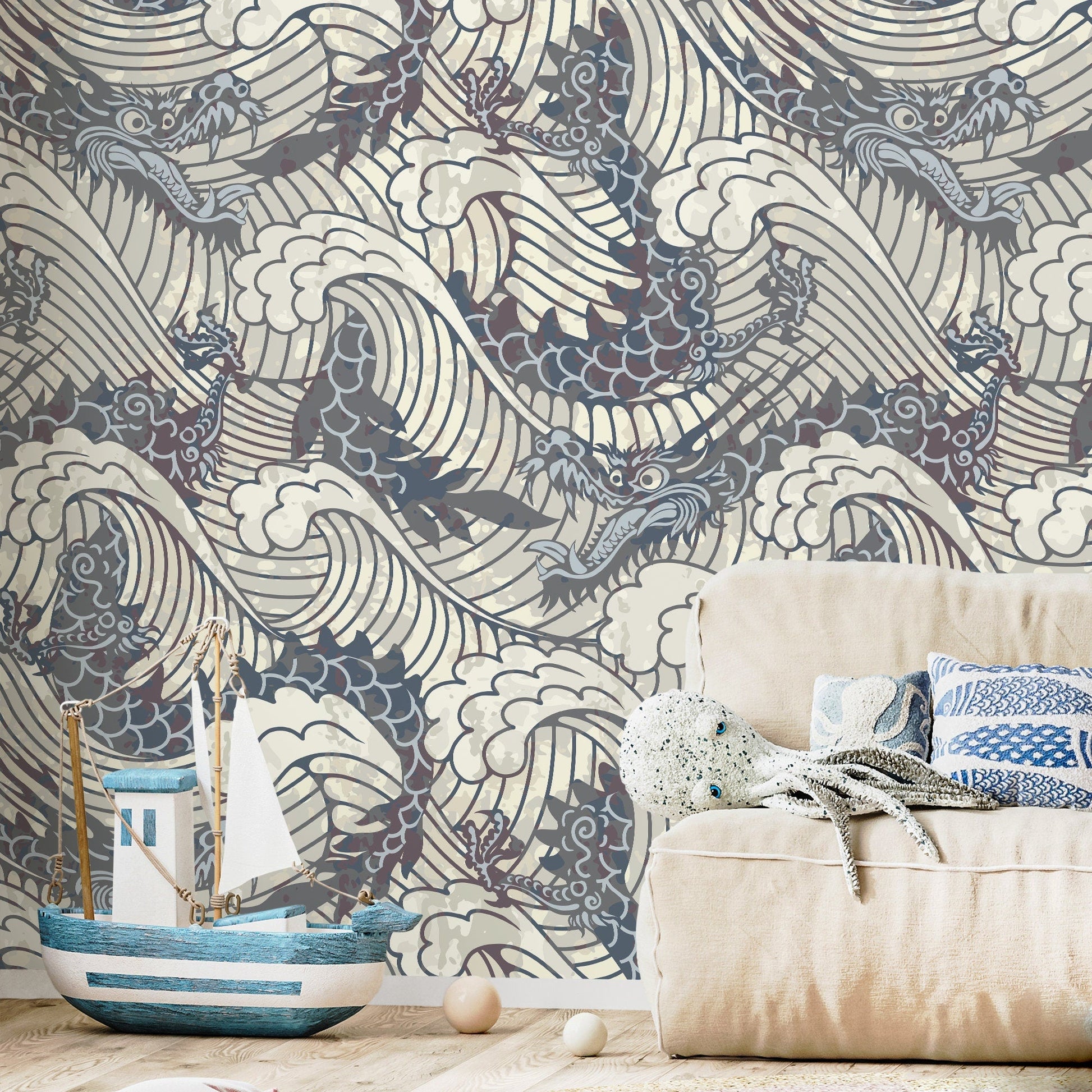 Dragon Waves Wallpaper - Removable Wallpaper Peel and Stick Wallpaper Wall Paper - B257