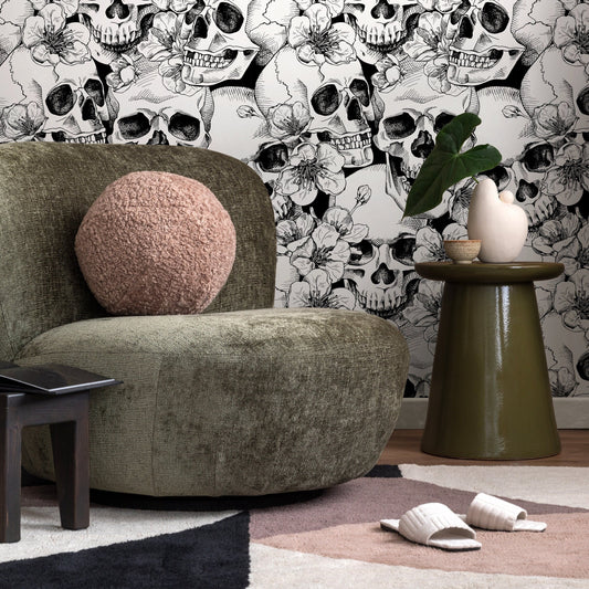 Wallpaper Removable Wallpaper Peel and Stick Wallpaper Wall Decor Home Decor Wall Art Room Decor / Black Skulls and Floral Wallpaper - A112