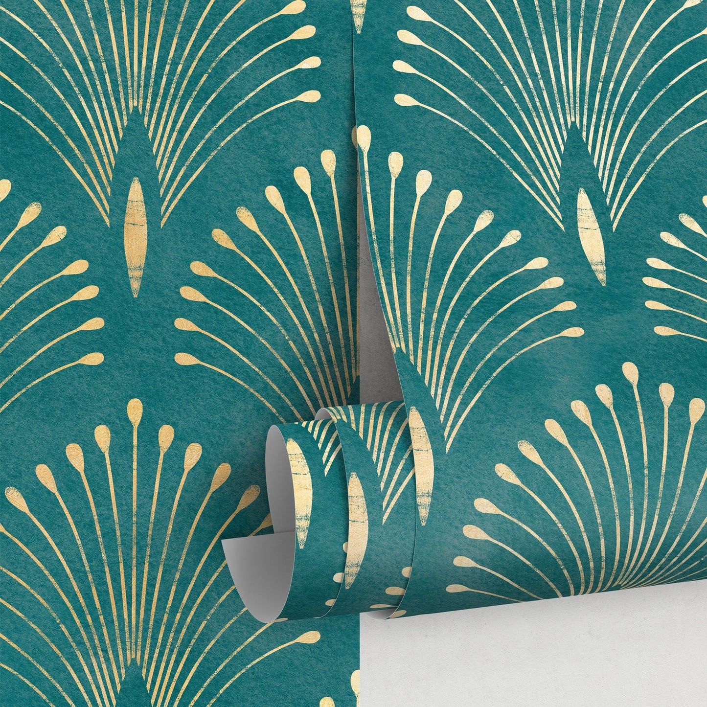 Gold and Teal Art Deco Palms Wallpaper Peel and Stick and Traditional Wallpaper Non-Metallic Wallpaper - C011