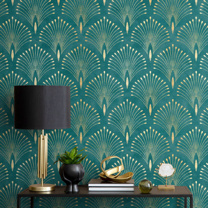 Gold and Teal Art Deco Palms Wallpaper Peel and Stick and Traditional Wallpaper Non-Metallic Wallpaper - C011