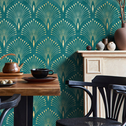 Gold and Teal Art Deco Palms Wallpaper Peel and Stick and Traditional Wallpaper Non-Metallic Wallpaper - C011