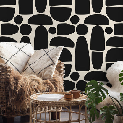 Black and Beige Abstract Wallpaper Peel and Stick and Traditional Wallpaper - C223