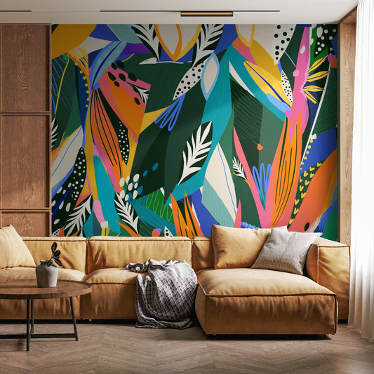 Abstract Tropical Leaf Mural Wallpaper Peel and Stick and Traditional Wallpaper - C346
