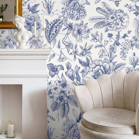 Blue Vintage Floral Wallpaper Peel and Stick and Traditional Wallpaper - C359