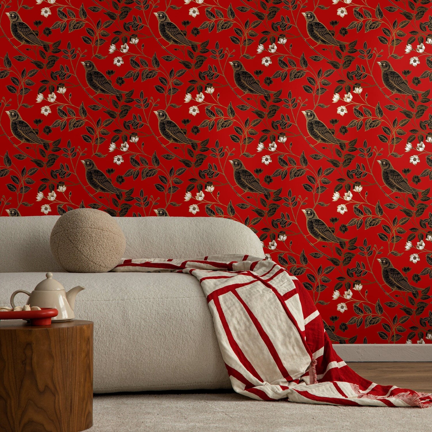 Wallpaper Peel and Stick Wallpaper Removable Wallpaper Home Decor Wall Art Wall Decor Room Decor / Vintage Red Bird Wallpaper - A924