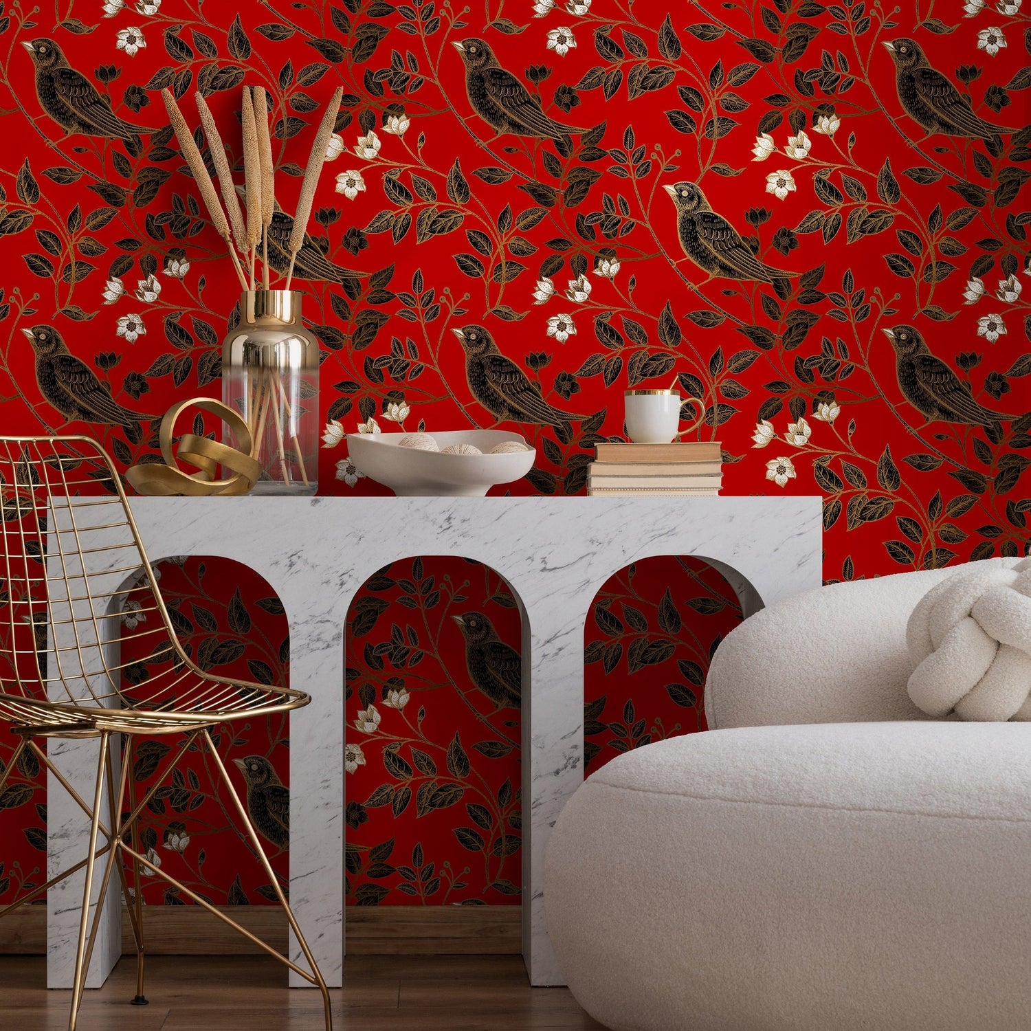 Wallpaper Peel and Stick Wallpaper Removable Wallpaper Home Decor Wall Art Wall Decor Room Decor / Vintage Red Bird Wallpaper - A924