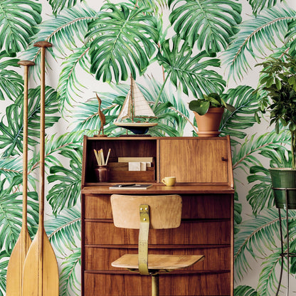 Wall Decor Wallpaper Peel and Stick Wallpaper Removable Wallpaper Home Decor Wall Art / Green Tropical Leaves Jungle Wallpaper - A013