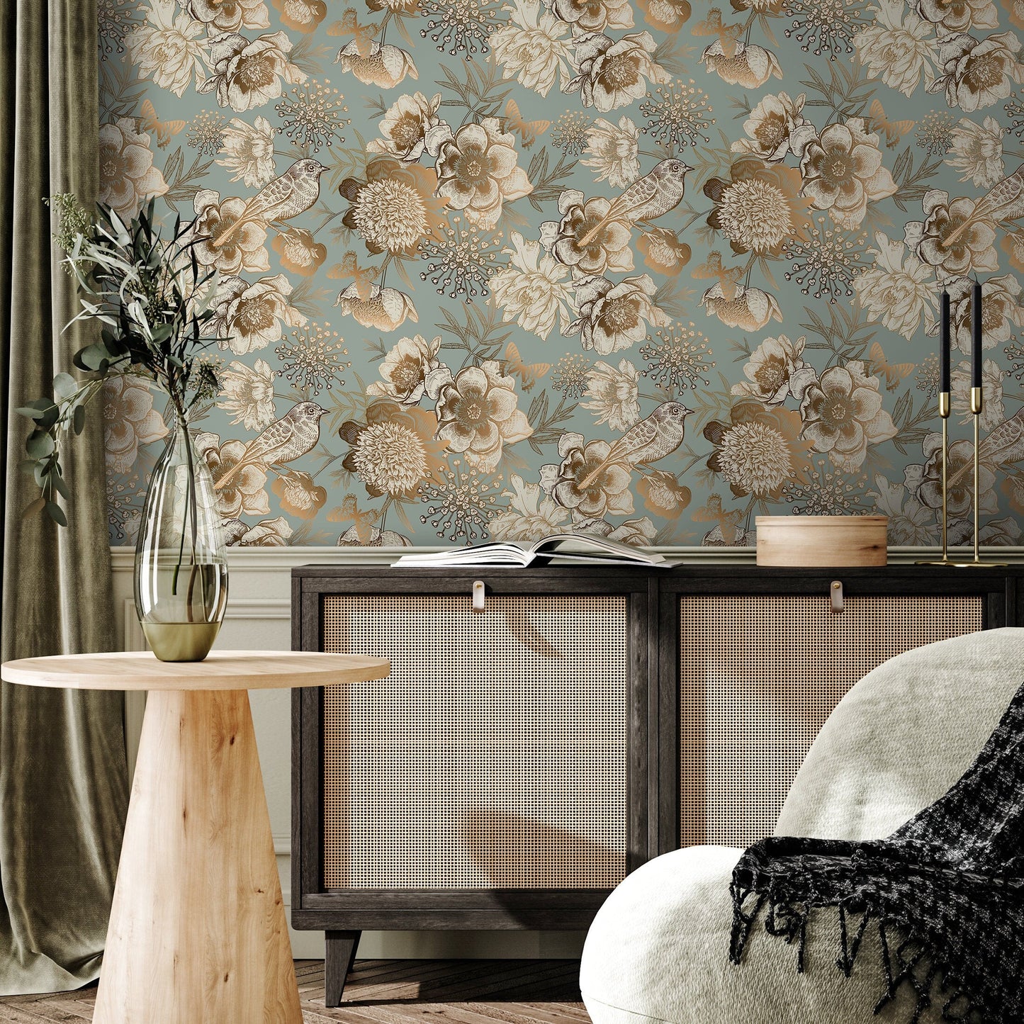 Removable Wallpaper Peel and Stick Wallpaper Wall Paper Wall Mural - Vintage Flower Mint and Non-Metalic Gold Color - A918