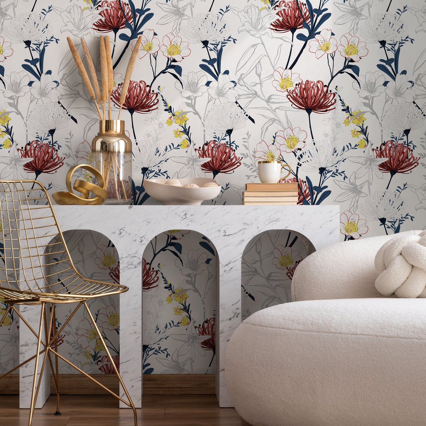 Outline Tropical Flowers Wallpaper - Removable Wallpaper Peel and Stick Wallpaper Wall Paper Wall Mural - B432